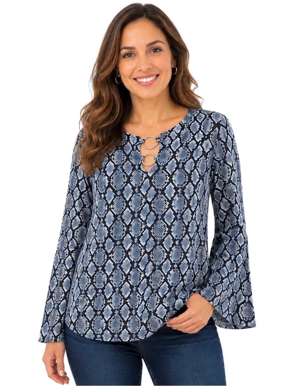 Michael Michael Kors Blue White Snake Print Long Sleeve Tunic Top Size XL